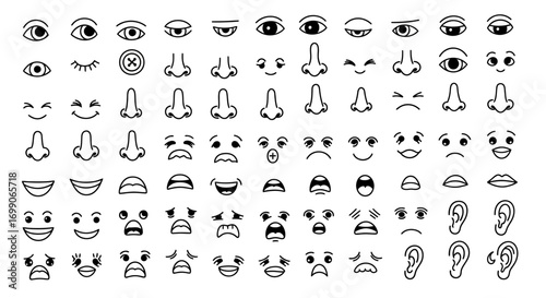 Vector Doodle Human Facial Features and Expressive Cartoon Emotions Set