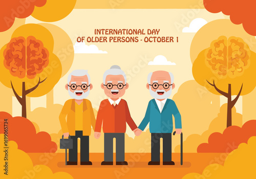 vector illustration of a group of senior friends in an autumn park with a banner for an International Day of Older Persons celebration.