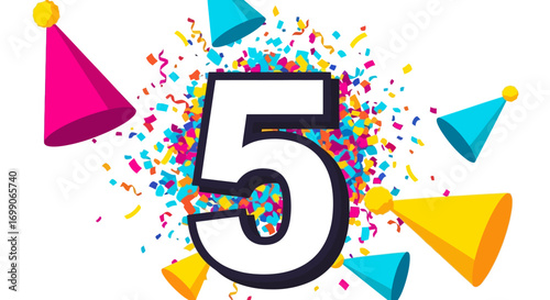 Vibrant Number Five Celebrating with Confetti Burst and Colorful Party Hats