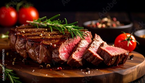 Grilled sliced steak with rosemary, tomatoes, and spices on wooden board