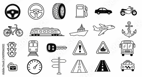 Monochrome doodle set of travel and transport modes signs and tools