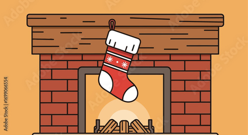 Cozy Flat Design Illustration of Christmas Stocking by a Warm Fireplace