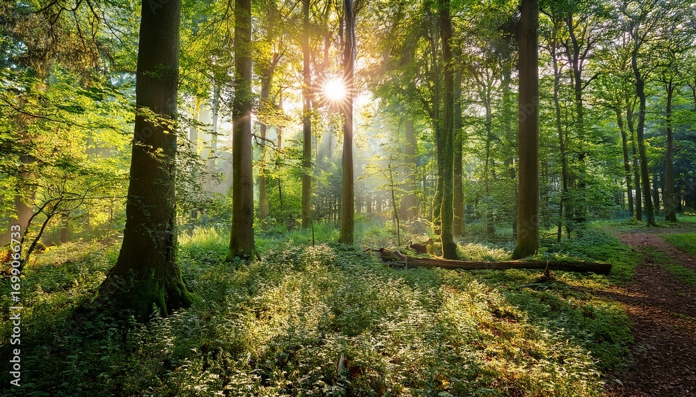 Fototapeta premium in a lush woodland setting majestic trees stand tall with radiant sunlight shining down and filtering through