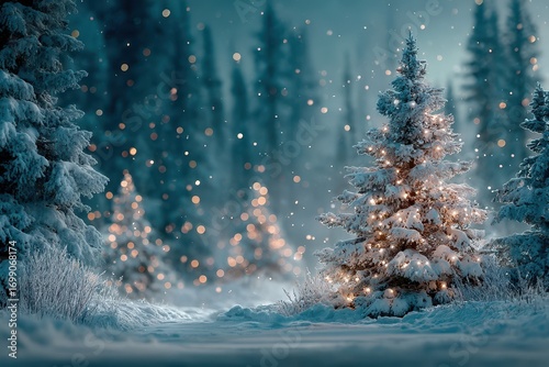 Winter wonderland with snow-covered trees and glowing lights in a serene forest setting