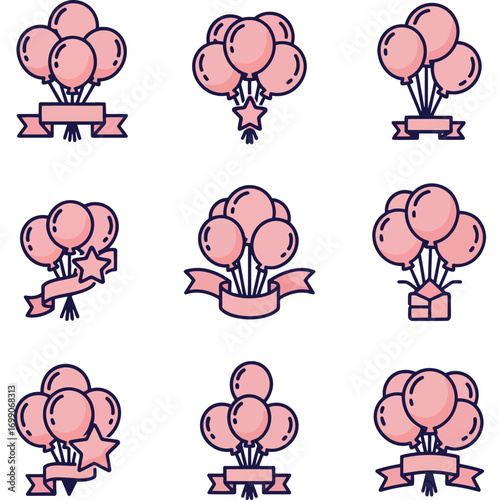 Collection of various colorful balloon bouquet icons on white background, perfect for celebration and party themes