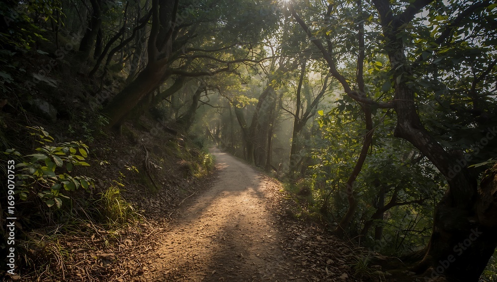 Fototapeta premium Morning forest path with trees and nature scenery