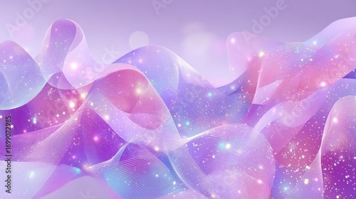 Colorful girl pattern with purple kawaii invitation theme, rainbow gradient mesh and iridescent hologram texture on pink cosmic background, dreamy lilac fantasy style for magic abstract design
