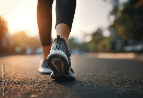 Low-angle view of a person's legs and shoes walking on a paved road at sunrise