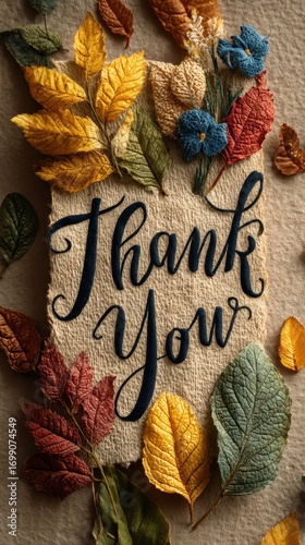 Handcrafted thank you card adorned with colorful dried leaves and flowers on a textured background