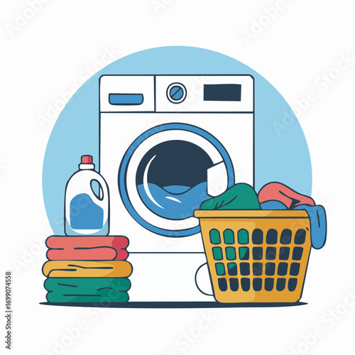 Clean Clothes Concept Laundry Basket Overflowing with Colorful Laundry Next to a Washing Machine and Stacked Towels