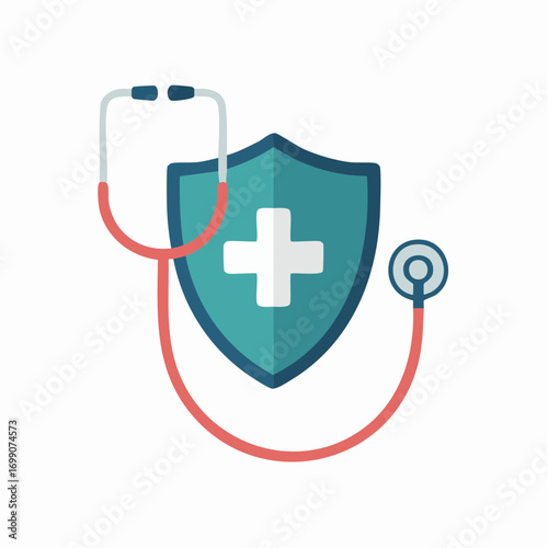 This image depicts a symbolic icon of a shield and stethoscope representing health insurance and medical protection