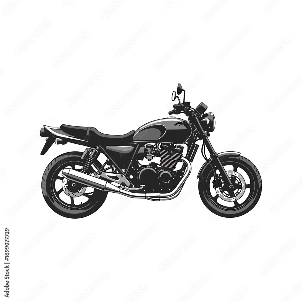 Naklejka premium Side view vector illustration of a classic black motorcycle, symbolizing the spirit of freedom and timeless design on an isolated white background