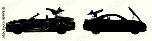 Collection of modern sports car silhouettes for vehicle service and repair concepts, featuring a convertible and a sedan with open components