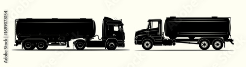 Vector illustration set featuring modern and vintage black tanker trucks in side profile, representing the evolution of heavy vehicle transport and fuel logistics