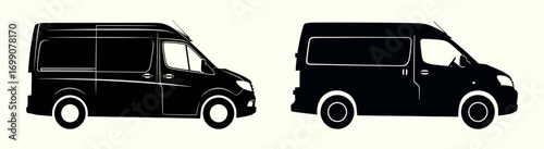 A set of black commercial cargo van silhouettes shown in side profile. Vector icons representing logistics, delivery services, and transportation business concepts
