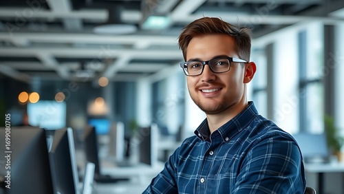 A developer working at a clean desk, ambient light reflecting a modern office environment.