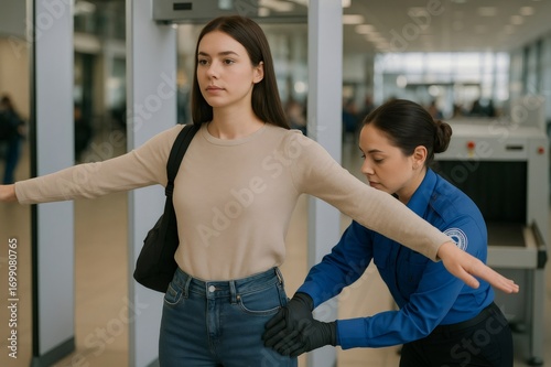 Security officer checking passenger at airport checkpoint