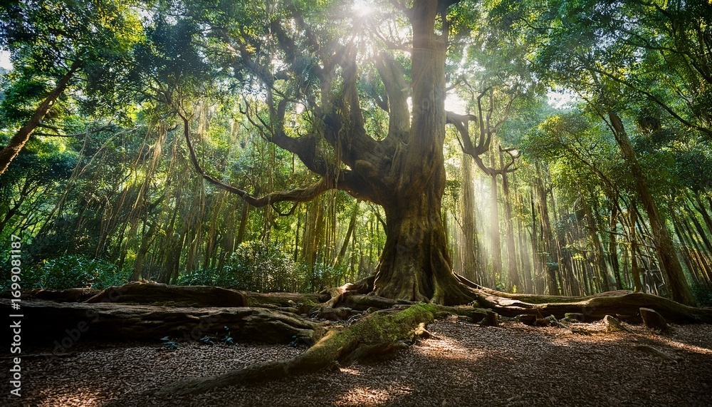 Obraz premium rosewood tree in a dense forest with sunlight filtering through