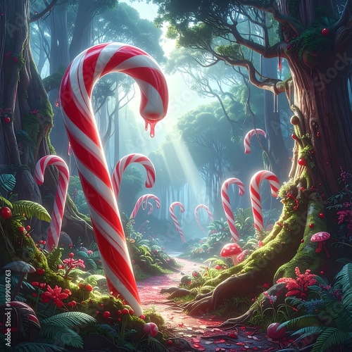Candy canes in a magical forest