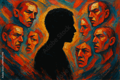 Human silhouette with floating fragmented faces