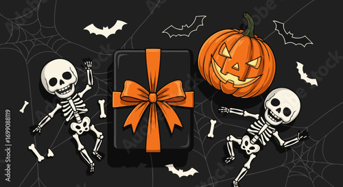 A detailed, top-down view of a hand-drawn Halloween scene. Features festive skeletons, a gift box, a jack-o'-lantern, spider webs, and bones on a dark, textured background. Gothic and spooky.