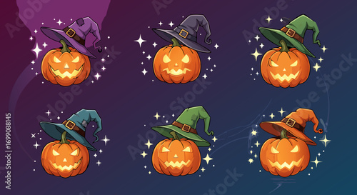 A magical set of six glowing Jack O' Lanterns, each wearing a colorful witch hat and surrounded by sparkling effects. Perfect for adding a whimsical, mystical touch to any Halloween design.