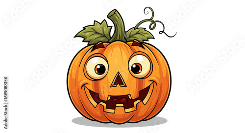 A charming, hand-drawn style cartoon Jack O' Lantern with large, expressive eyes and a wide, friendly smile. This cute pumpkin with green leaves is perfect for children's Halloween designs.