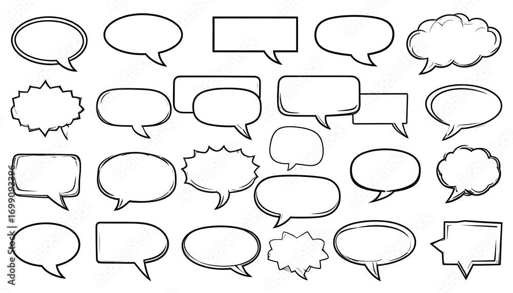 Fototapeta premium Various black line art speech bubbles in diverse shapes and styles.