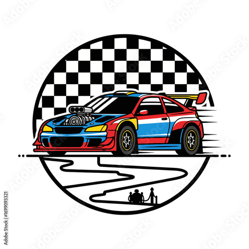 A dynamic vector logo of a rally car inside a checkered circle. This high-quality emblem with racing modifications is perfect for automotive and motorsports branding.