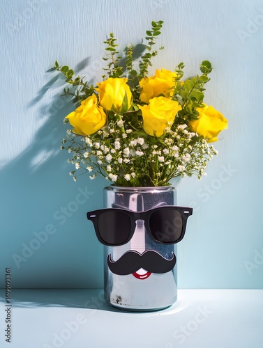 Quirky DIY vase from a silver can with a funny face sunglasses and mustache holding a bouquet of yellow roses.