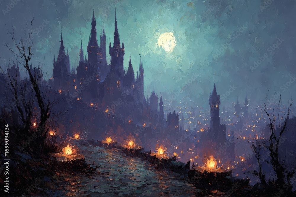 Fototapeta premium Dark Fantasy Castle City under Moon
