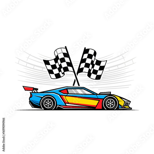 High-quality vector logo for sporty youth brands. A modern, geometric design with a full custom race car, checkered flags, and race arena. Perfect for auto sports businesses.