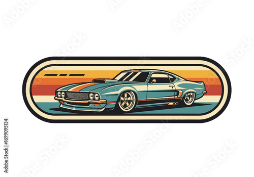 Iconic retro car vector badge design. A scalable vintage emblem for car clubs and enthusiasts, with a bold outline and a great color scheme.