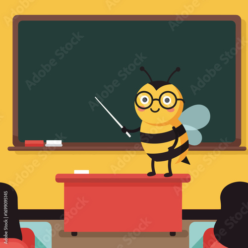 Bee teacher in front of a blackboard with students