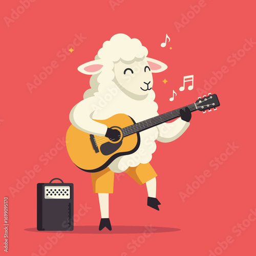 Cartoon sheep playing guitar with amplifier and music notes