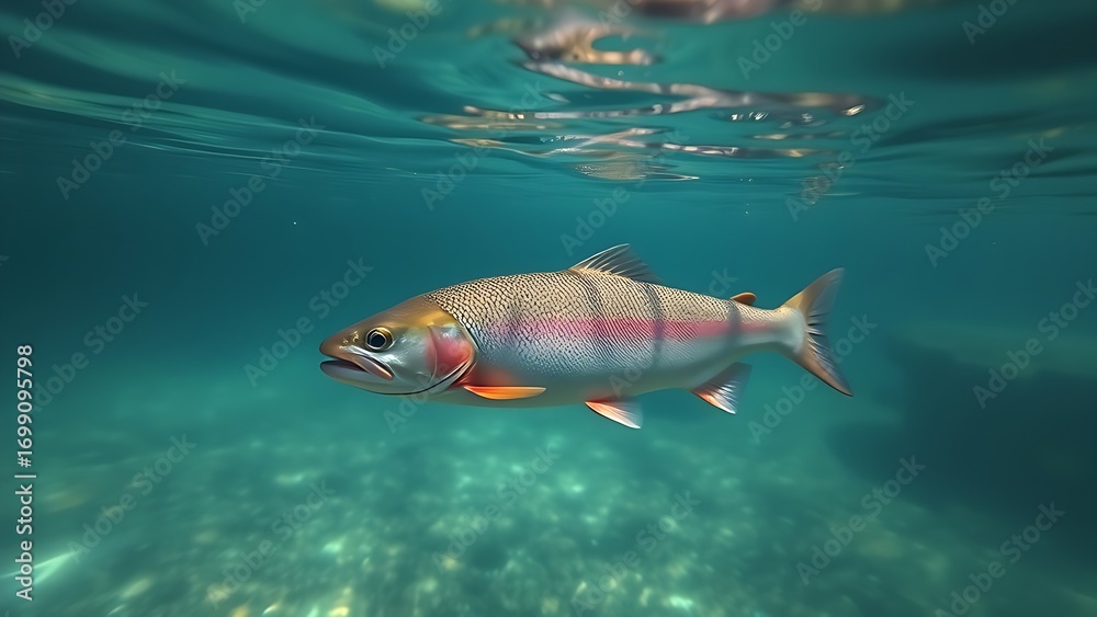 Fototapeta premium Underwater view of a trout gliding through a clear stream, immersed in tranquil blue-green hues.