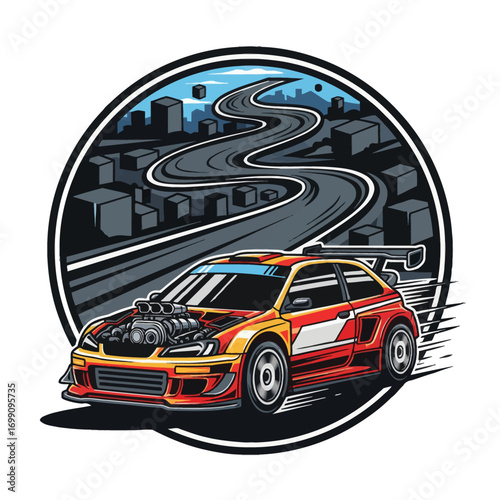 Professional flat vector emblem of a rally car with an exposed engine. This dynamic design is enclosed in a circular frame with geometric boxes. Ideal for automotive brands.