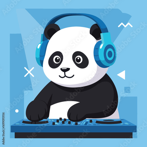 Panda DJ wearing headphones and mixing on a turntable