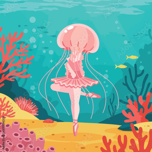 A pink jellyfish in a ballet tutu dances underwater surrounded by coral and fish