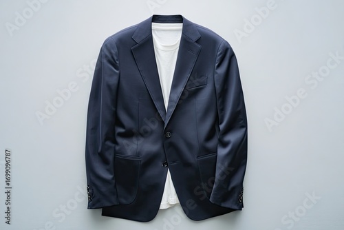 Navy blazer over white t-shirt, laid flat