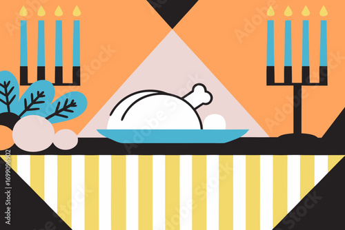 Festive Thanksgiving table setting featuring a beautifully roasted turkey on a plate, surrounded by candles, eggs, and autumn leaves, celebrating the warmth of fall gatherings