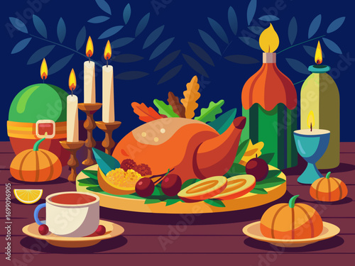Colorful Thanksgiving feast illustration featuring a roasted turkey, seasonal decorations, candles, and autumn elements, celebrating the warmth of fall festivities and family gatherings