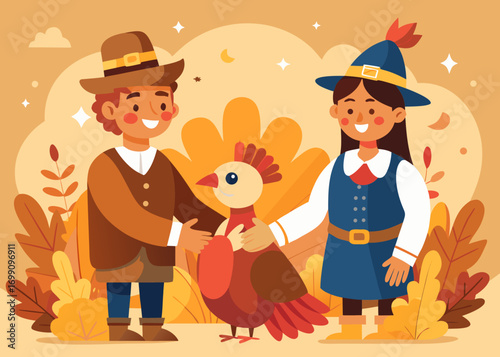 Colorful illustration of two cheerful pilgrims, a man and woman, standing with a turkey surrounded by autumn leaves, celebrating Thanksgiving in a festive atmosphere