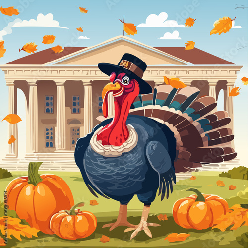 Colorful turkey wearing a hat stands proudly on grass surrounded by pumpkins with a grand house featuring columns in the background, celebrating the spirit of Thanksgiving