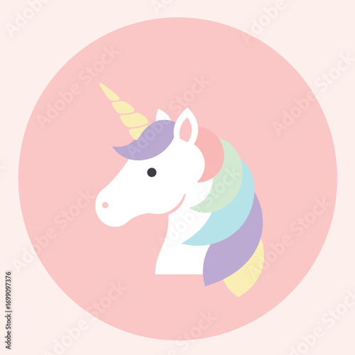 A pastelcolored unicorn with a rainbow mane in a pink circle