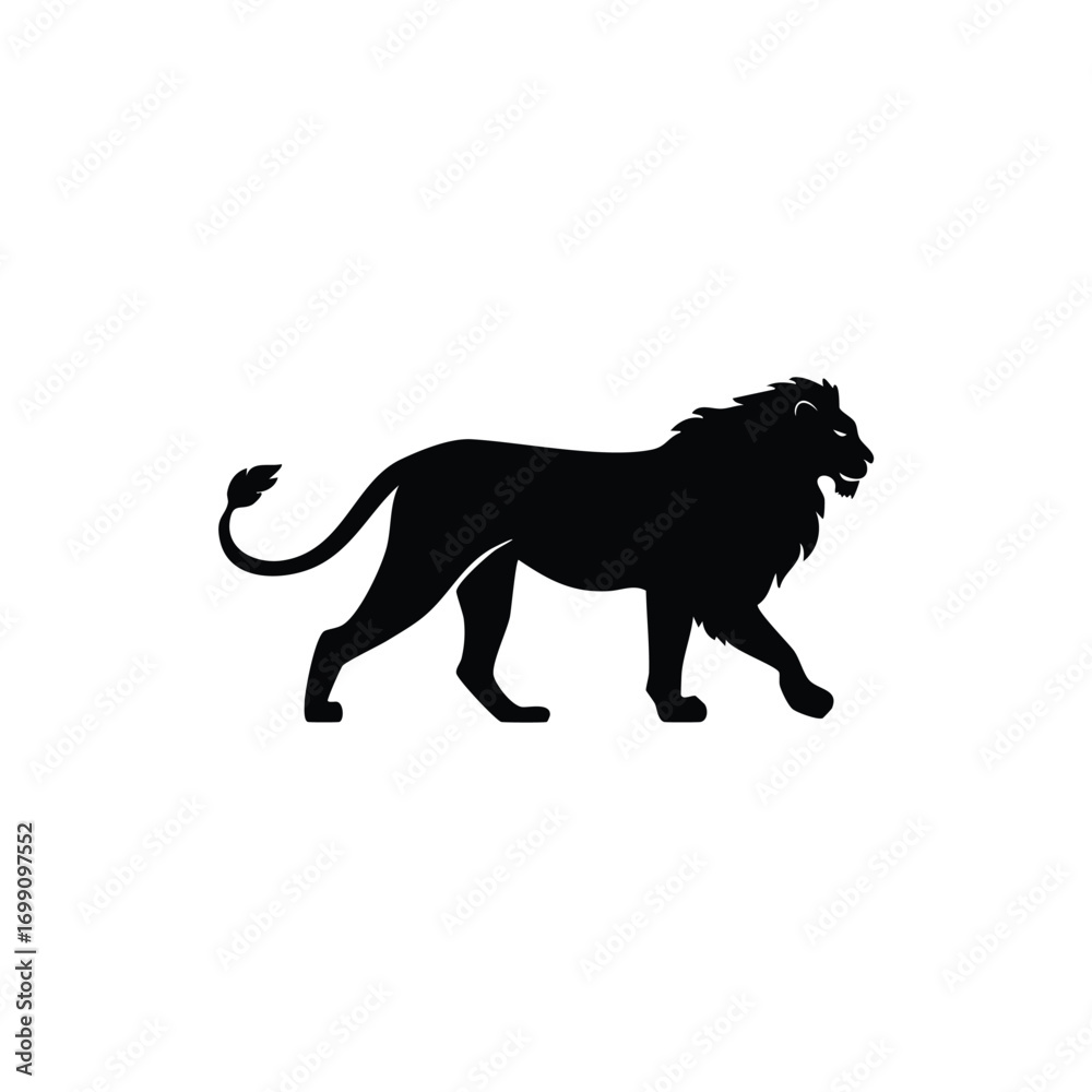 Obraz premium Majestic Lion Silhouette Walking Symbol of Strength and Royalty on white background