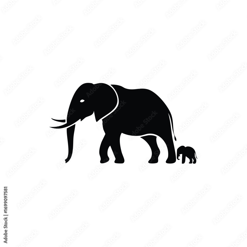 Fototapeta premium Elephant family silhouette an adult and baby walking together peacefully