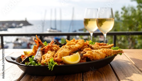 Fried seafood platter overlooking the sea