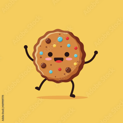 A cartoon cookie with arms and legs sprinkles and a happy face