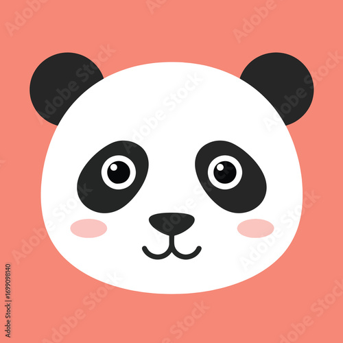 A cartoon panda face with black ears eyes and nose on a pink background